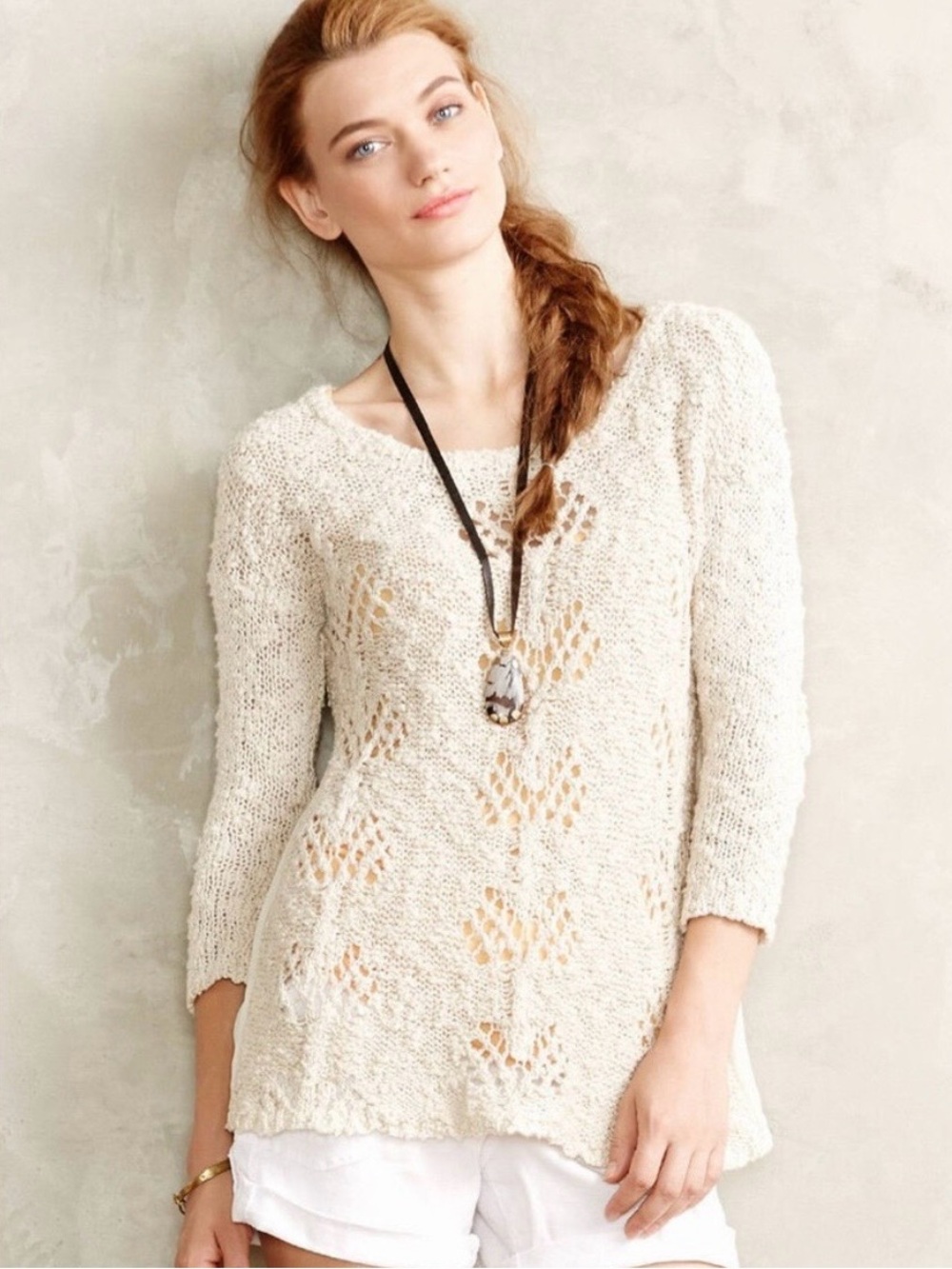Anthropologie Knitted & Knotted pointelle knit sweater tunic w/sheer side panels